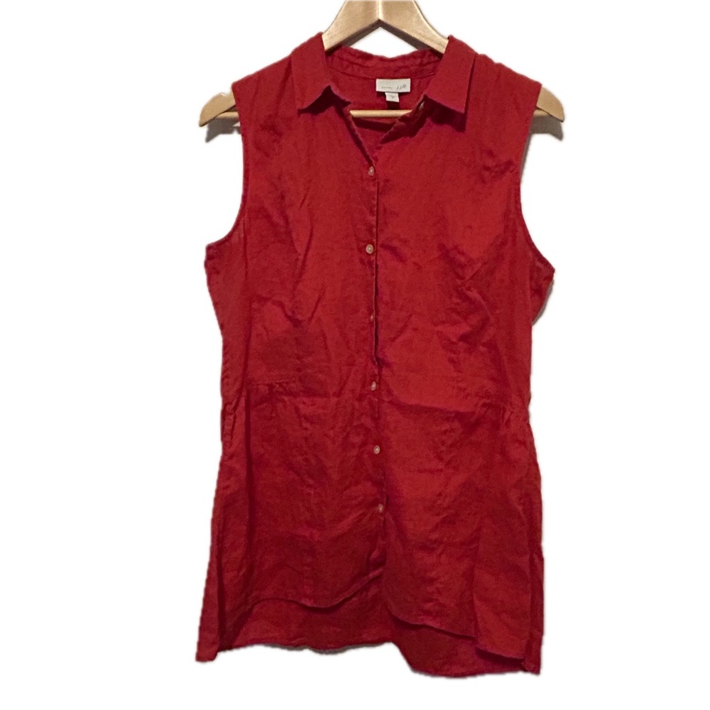 J. Jill love linen 100% linen red button up sleeveless collared shirt size M
